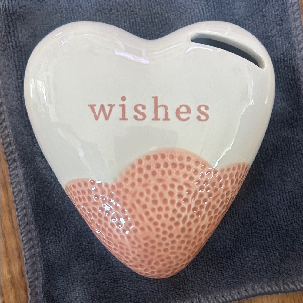 DEMDACO Wishes Heart Ceramic Coin Bank - Pink and tan - Picture 3 of 5